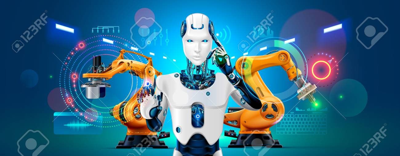 Industry 4.0 concept banner. Robot with AI control production line on smart factory. Cybernetic Artificial intelligence automates the production process and communications with robotics arms.