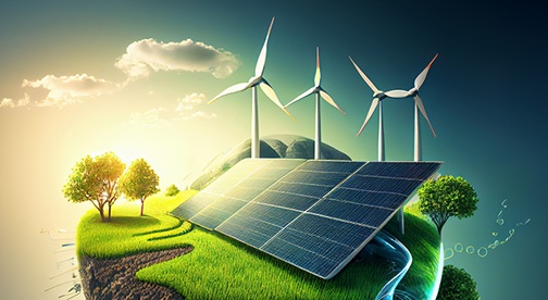 renewable energy background with green energy as wind turbines and solar panels